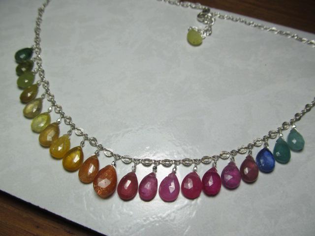 Rainbow SRI LANKA SAPPHIRE & Multi Gemstone faceted briolette beads Sterling Silver Necklace