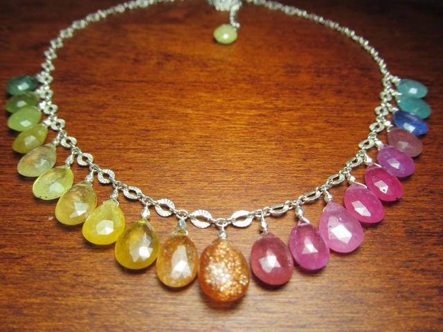 Rainbow SRI LANKA SAPPHIRE & Multi Gemstone faceted briolette beads Sterling Silver Necklace