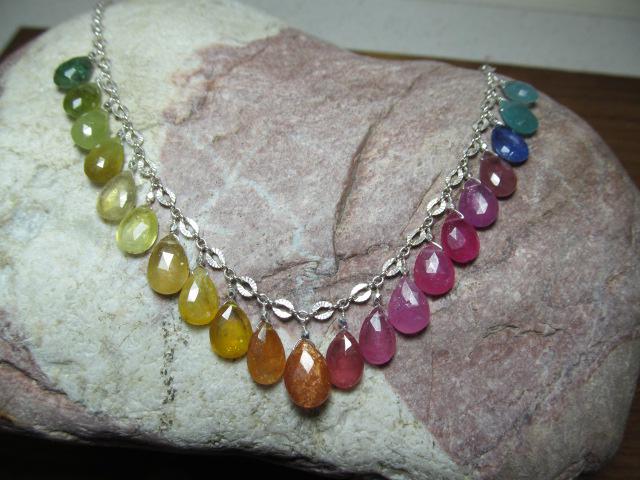 Rainbow SRI LANKA SAPPHIRE & Multi Gemstone faceted briolette beads Sterling Silver Necklace