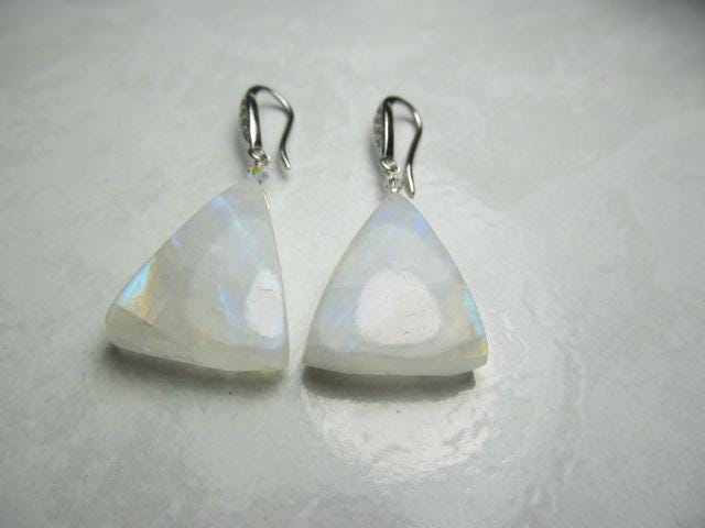 RAINBOW MOONSTONE Smooth Triangle beads Sterling Silver Drop Earrings