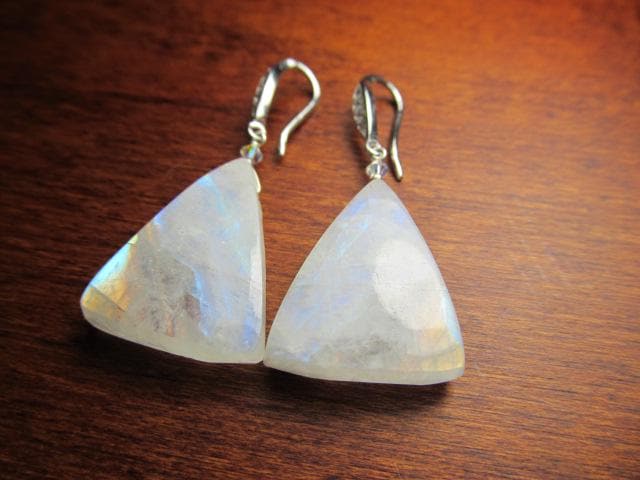 RAINBOW MOONSTONE Smooth Triangle beads Sterling Silver Drop Earrings