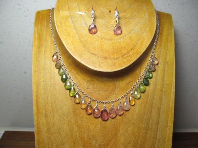 WATERMELON TOURMALINE faceted briolette beads Sterling Silver Necklace Set