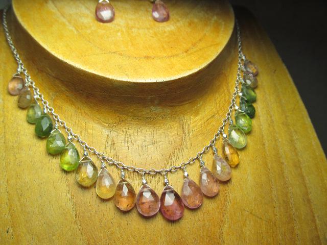 WATERMELON TOURMALINE faceted briolette beads Sterling Silver Necklace Set