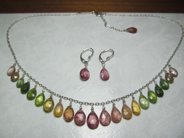 WATERMELON TOURMALINE faceted briolette beads Sterling Silver Necklace Set