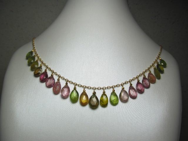 WATERMELON TOURMALINE faceted briolette beads 14k Gold Filled Necklace Set