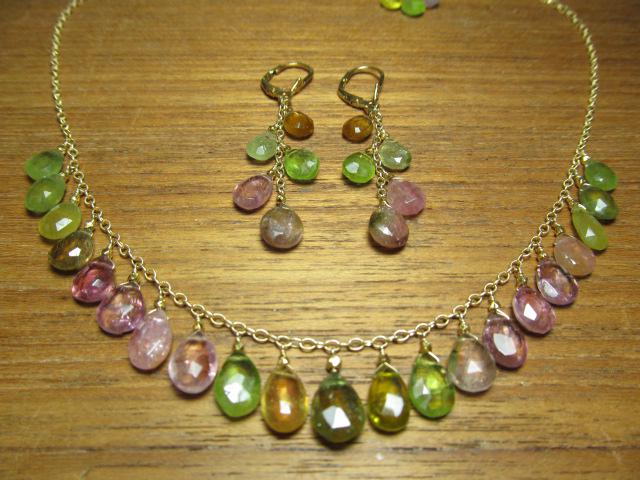 WATERMELON TOURMALINE faceted briolette beads 14k Gold Filled Necklace Set