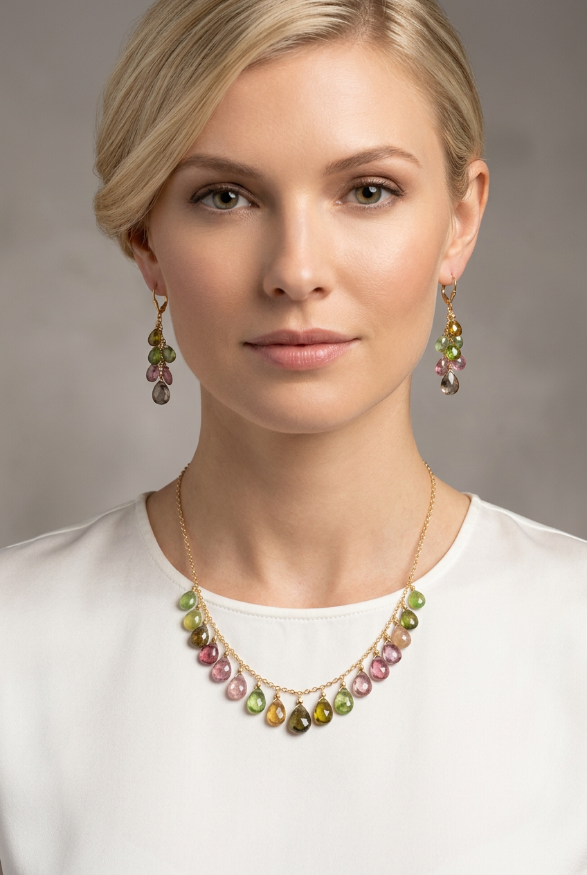 WATERMELON TOURMALINE faceted briolette beads 14k Gold Filled Necklace Set
