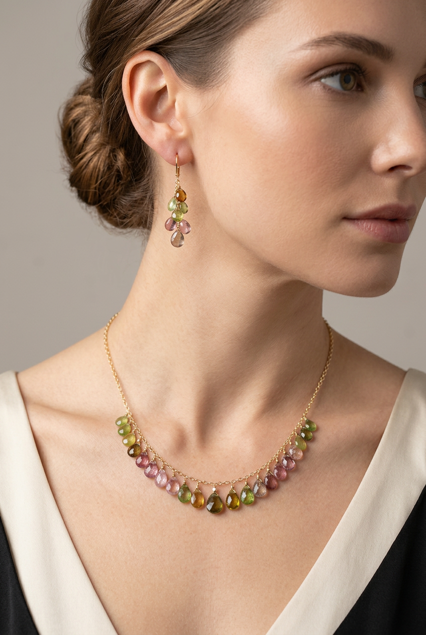 WATERMELON TOURMALINE faceted briolette beads 14k Gold Filled Necklace Set