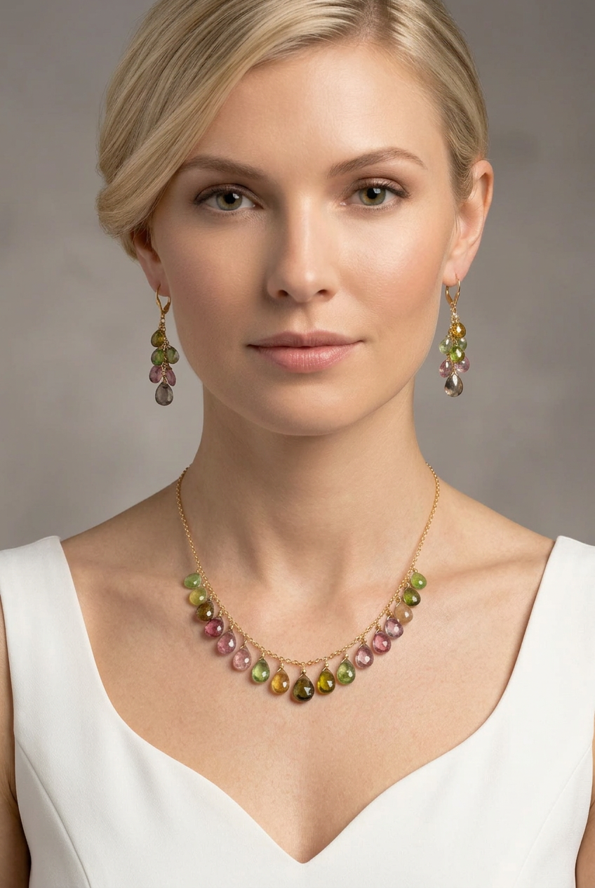 WATERMELON TOURMALINE faceted briolette beads 14k Gold Filled Necklace Set