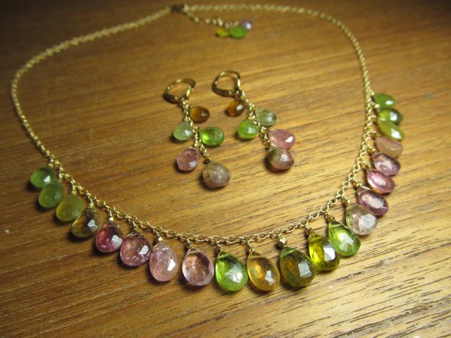 WATERMELON TOURMALINE faceted briolette beads 14k Gold Filled Necklace Set