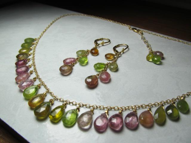 WATERMELON TOURMALINE faceted briolette beads 14k Gold Filled Necklace Set