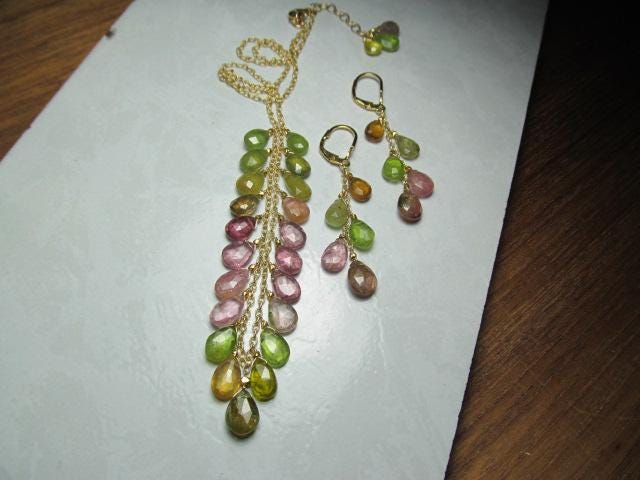 WATERMELON TOURMALINE faceted briolette beads 14k Gold Filled Necklace Set