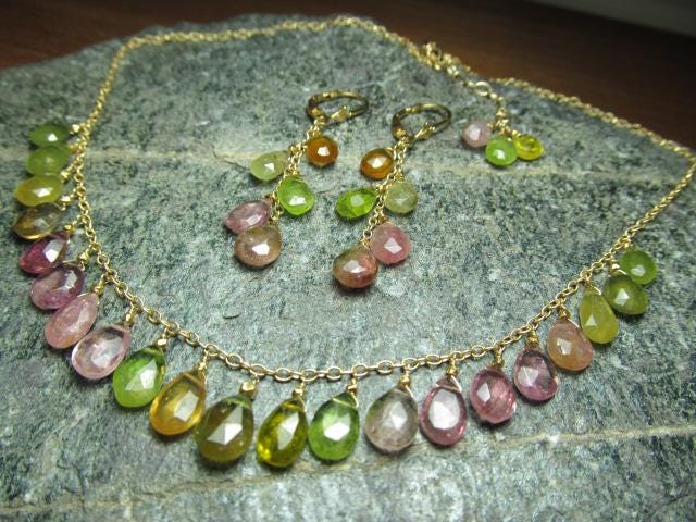 WATERMELON TOURMALINE faceted briolette beads 14k Gold Filled Necklace Set