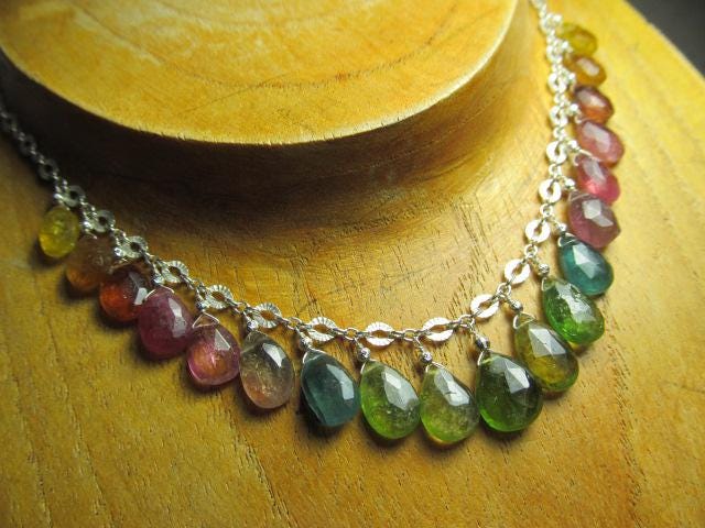 WATERMELON TOURMALINE faceted briolette beads Sterling Silver Necklace