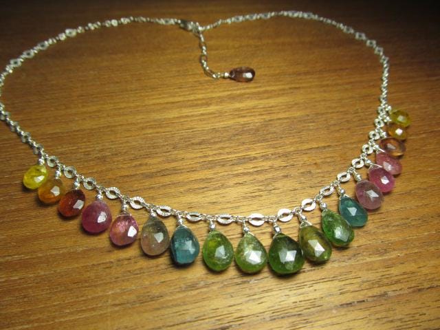WATERMELON TOURMALINE faceted briolette beads Sterling Silver Necklace