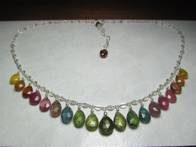 WATERMELON TOURMALINE faceted briolette beads Sterling Silver Necklace