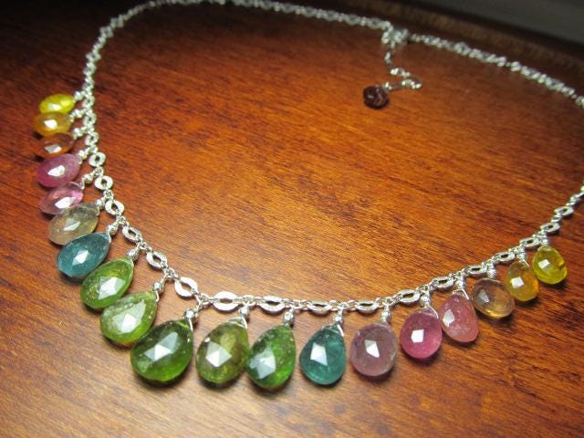 WATERMELON TOURMALINE faceted briolette beads Sterling Silver Necklace