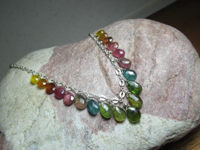 WATERMELON TOURMALINE faceted briolette beads Sterling Silver Necklace
