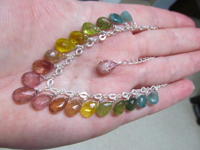 WATERMELON TOURMALINE faceted briolette beads Sterling Silver Necklace