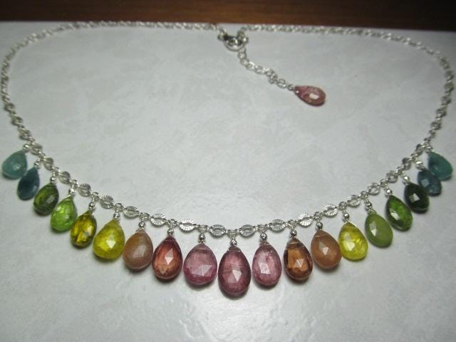 WATERMELON TOURMALINE faceted briolette beads Sterling Silver Necklace
