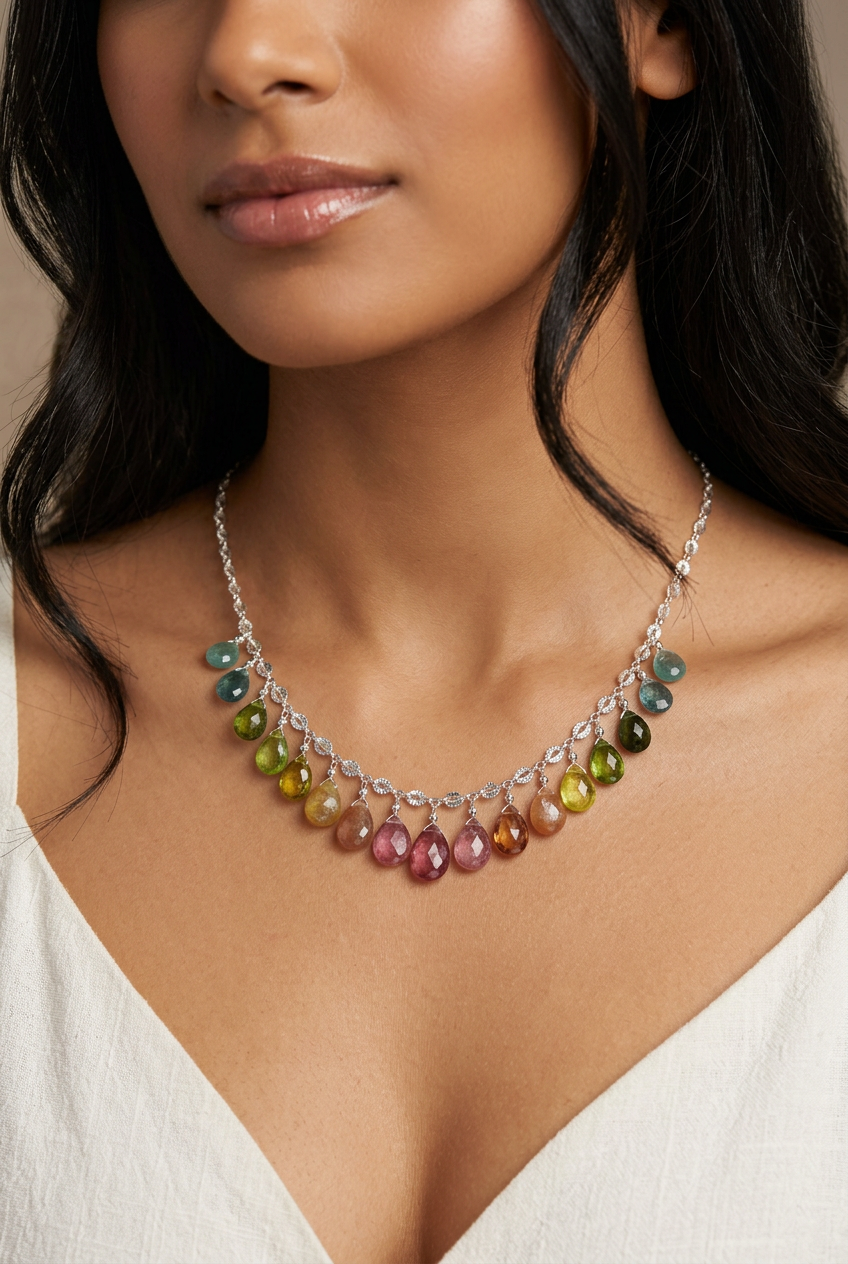 WATERMELON TOURMALINE faceted briolette beads Sterling Silver Necklace