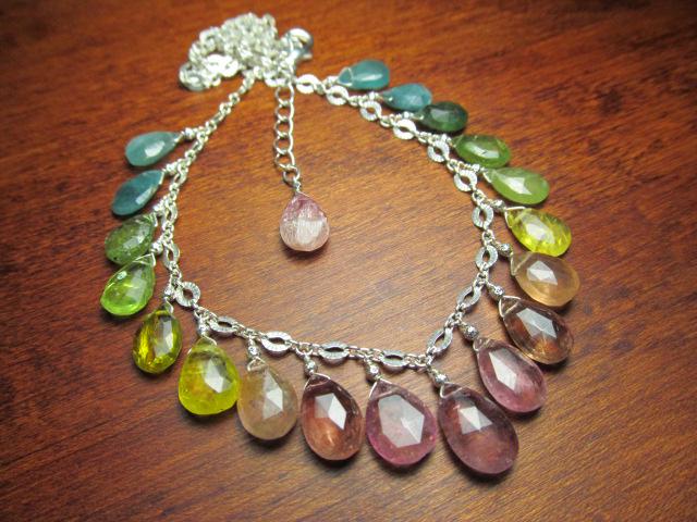 WATERMELON TOURMALINE faceted briolette beads Sterling Silver Necklace