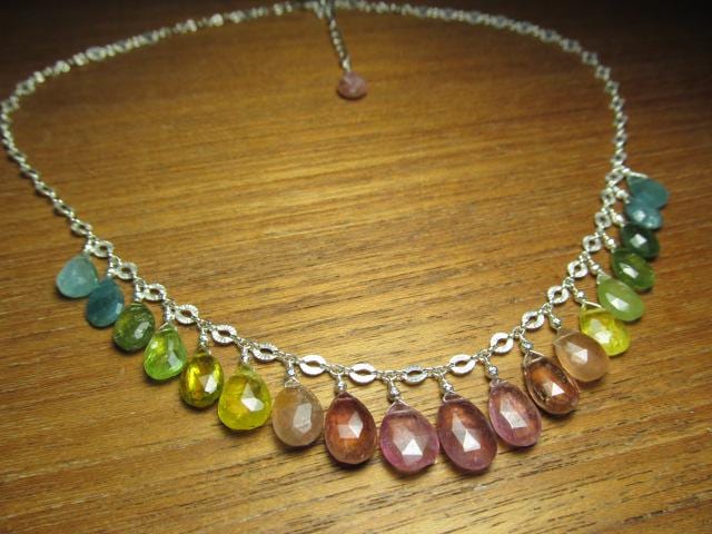 WATERMELON TOURMALINE faceted briolette beads Sterling Silver Necklace
