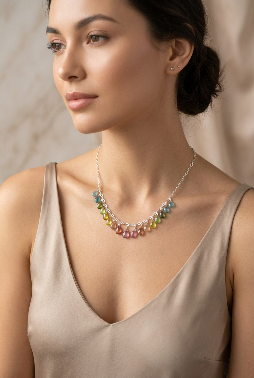 WATERMELON TOURMALINE faceted briolette beads Sterling Silver Necklace