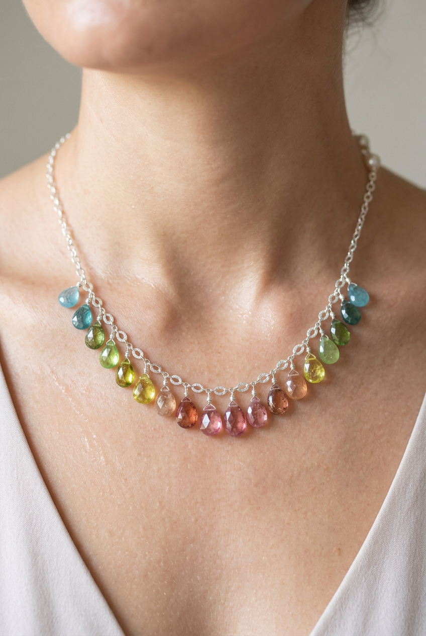 WATERMELON TOURMALINE faceted briolette beads Sterling Silver Necklace