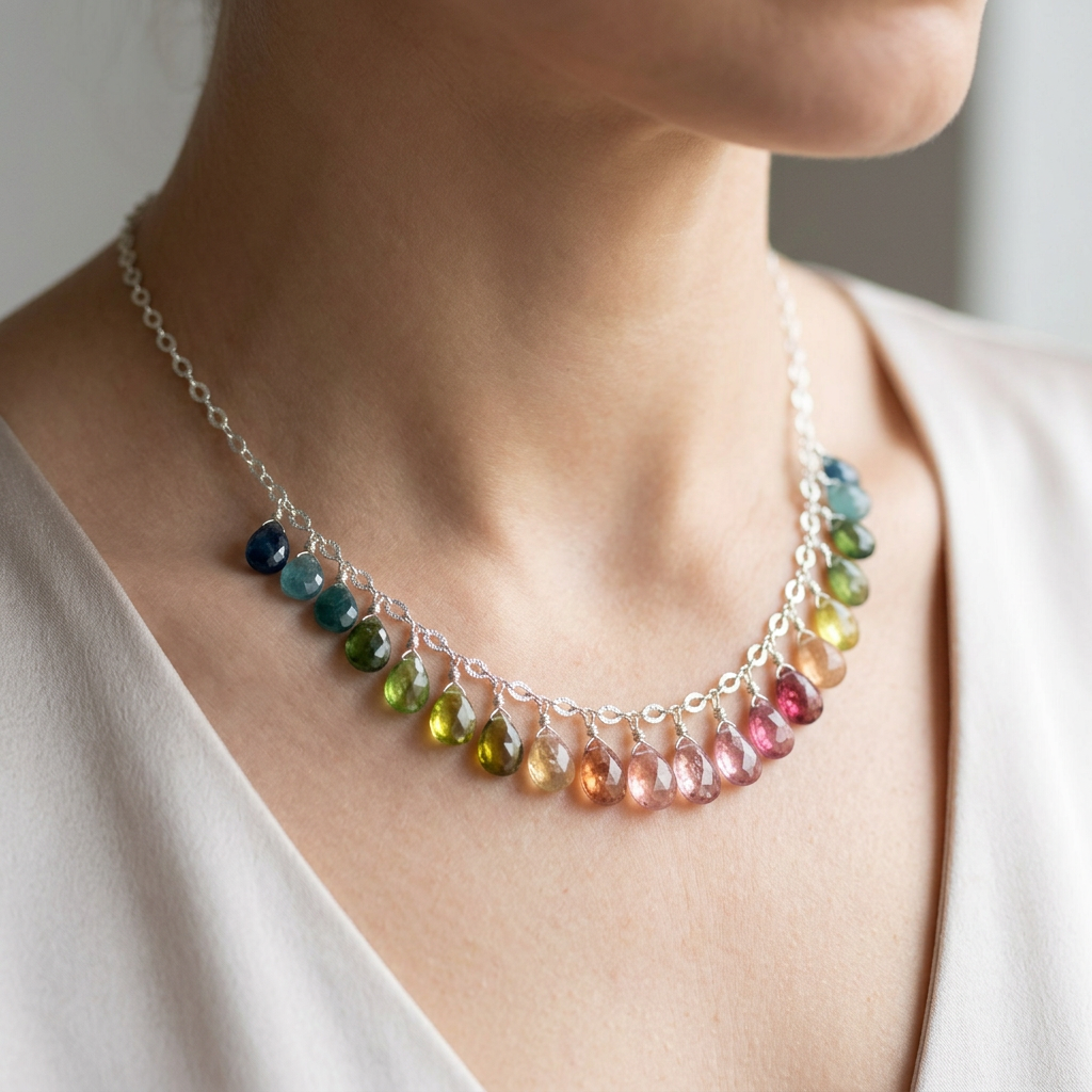 WATERMELON TOURMALINE faceted briolette beads Sterling Silver Necklace