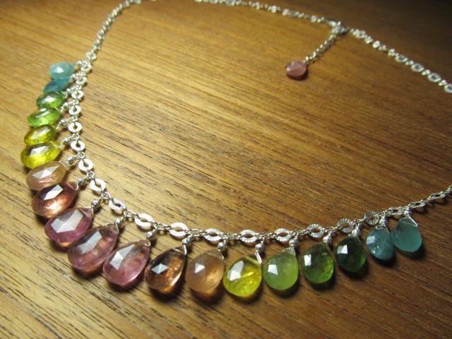 WATERMELON TOURMALINE faceted briolette beads Sterling Silver Necklace