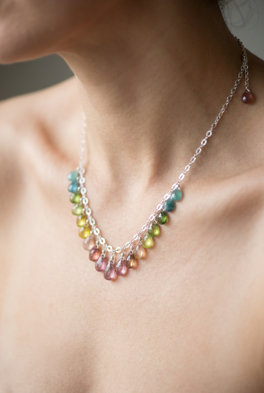 WATERMELON TOURMALINE faceted briolette beads Sterling Silver Necklace