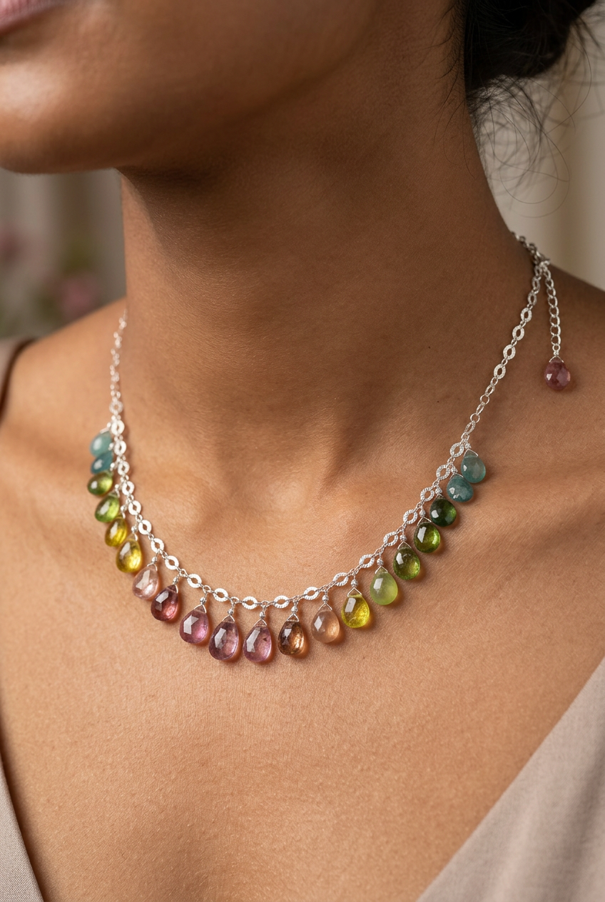 WATERMELON TOURMALINE faceted briolette beads Sterling Silver Necklace
