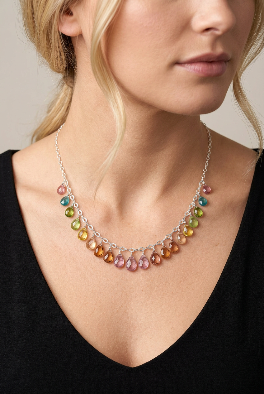 WATERMELON TOURMALINE faceted briolette beads Sterling Silver Necklace