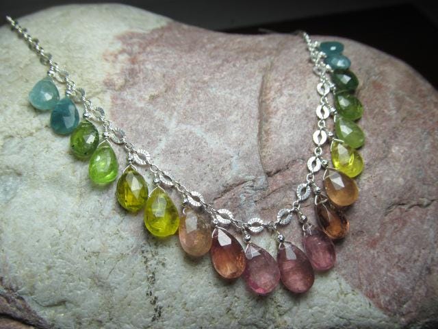 WATERMELON TOURMALINE faceted briolette beads Sterling Silver Necklace