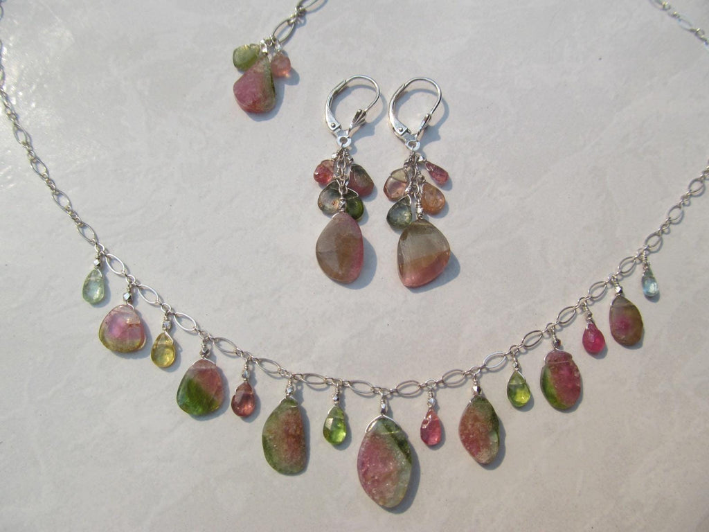 WATERMELON TOURMALINE SLICES w/ faceted briolette beads Sterling Silver Necklace Set