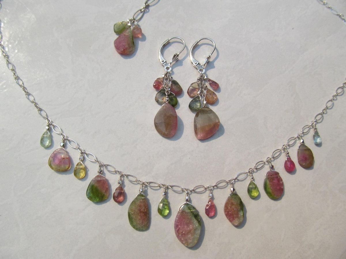 WATERMELON TOURMALINE SLICES w/ faceted briolette beads Sterling Silver Necklace Set