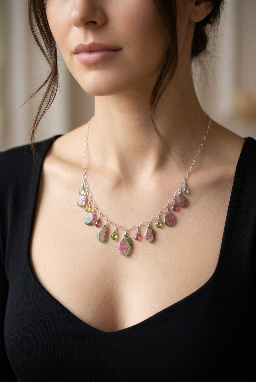 WATERMELON TOURMALINE SLICES w/ faceted briolette beads Sterling Silver Necklace Set