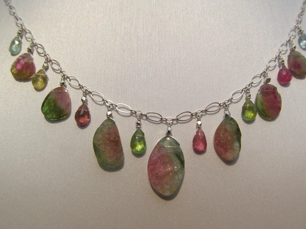 WATERMELON TOURMALINE SLICES w/ faceted briolette beads Sterling Silver Necklace Set