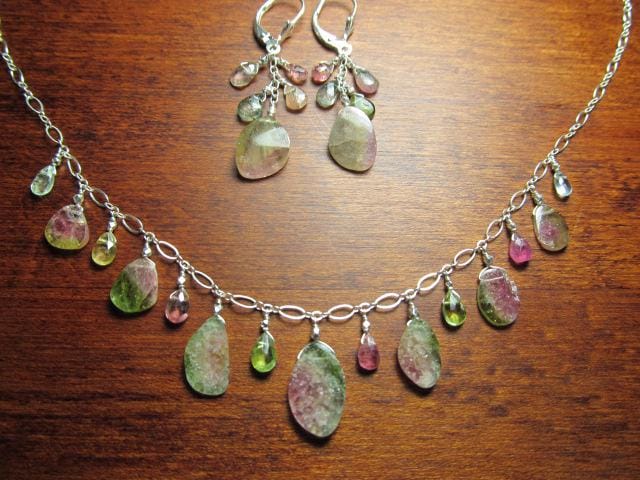 WATERMELON TOURMALINE SLICES w/ faceted briolette beads Sterling Silver Necklace Set