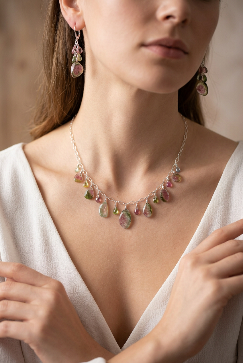 WATERMELON TOURMALINE SLICES w/ faceted briolette beads Sterling Silver Necklace Set