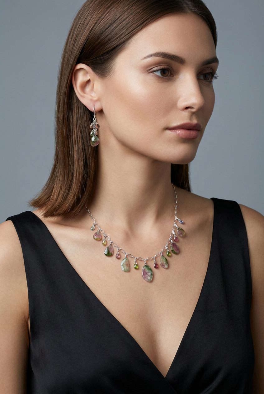 WATERMELON TOURMALINE SLICES w/ faceted briolette beads Sterling Silver Necklace Set
