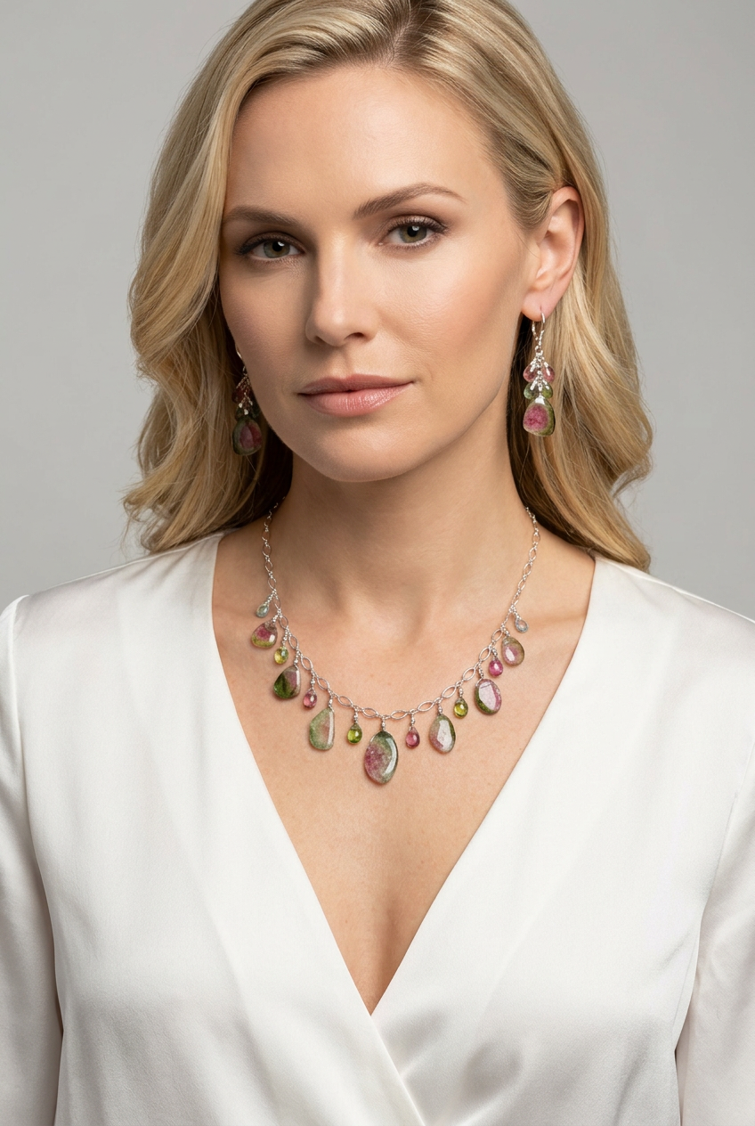 WATERMELON TOURMALINE SLICES w/ faceted briolette beads Sterling Silver Necklace Set
