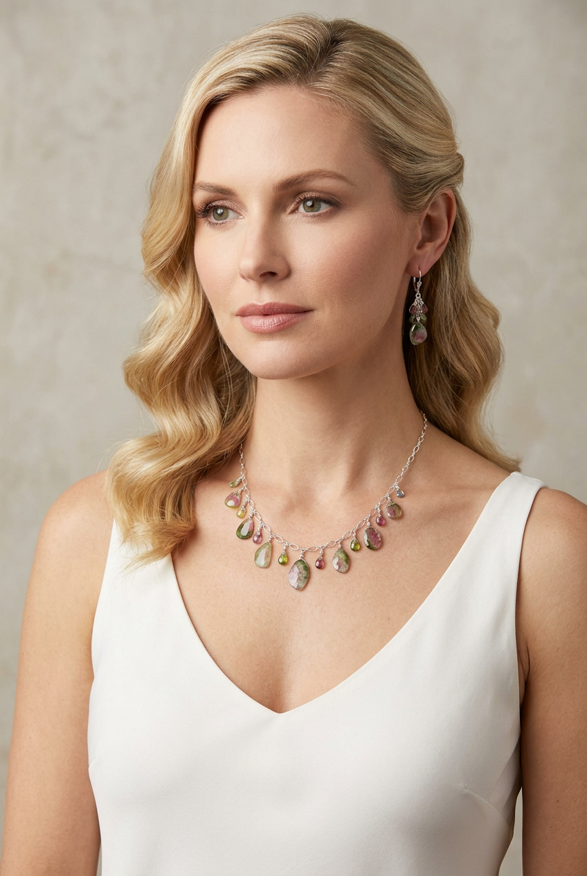 WATERMELON TOURMALINE SLICES w/ faceted briolette beads Sterling Silver Necklace Set