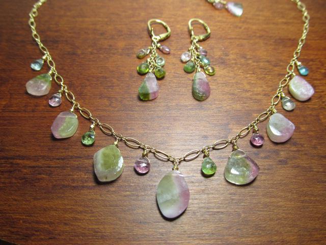 WATERMELON TOURMALINE SLICES w/ faceted briolette beads 14k Gold Filled Necklace Set