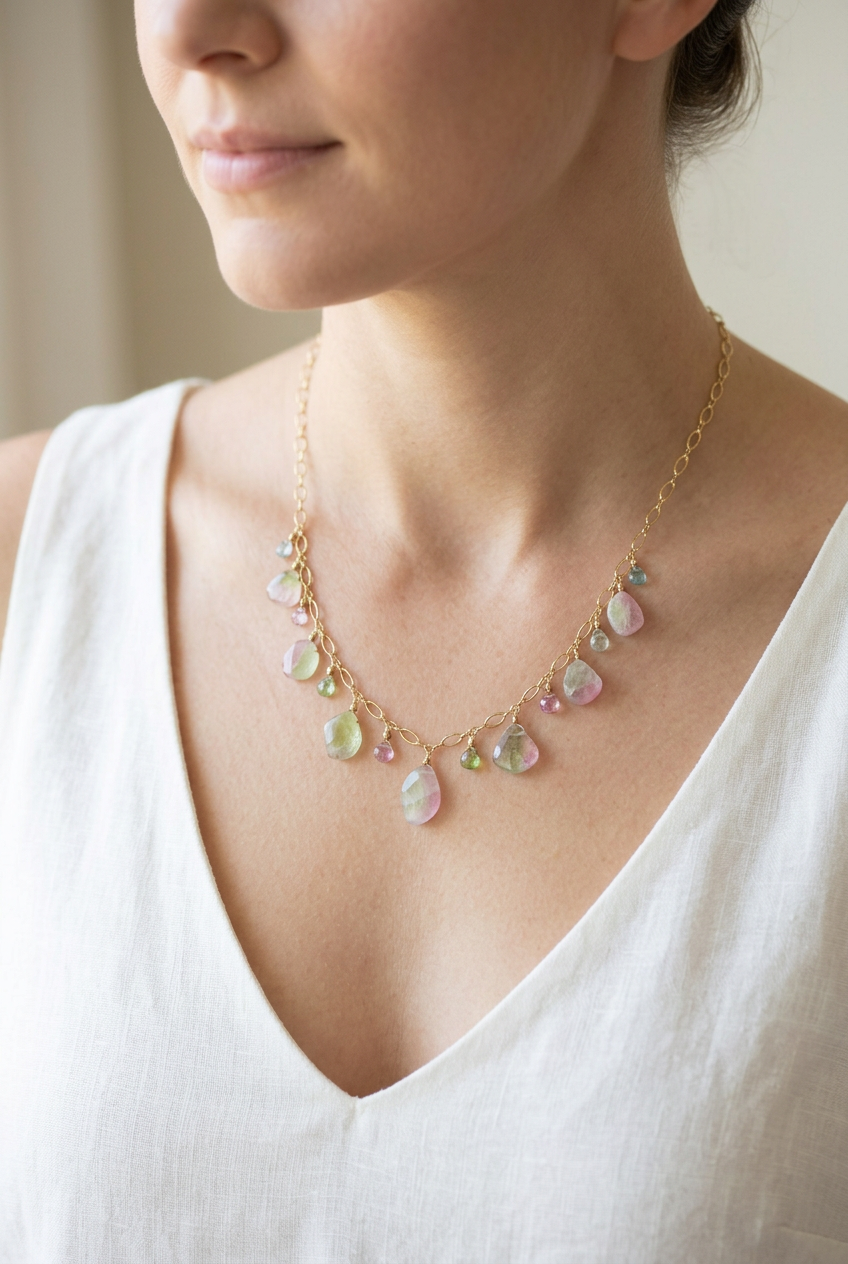WATERMELON TOURMALINE SLICES w/ faceted briolette beads 14k Gold Filled Necklace Set