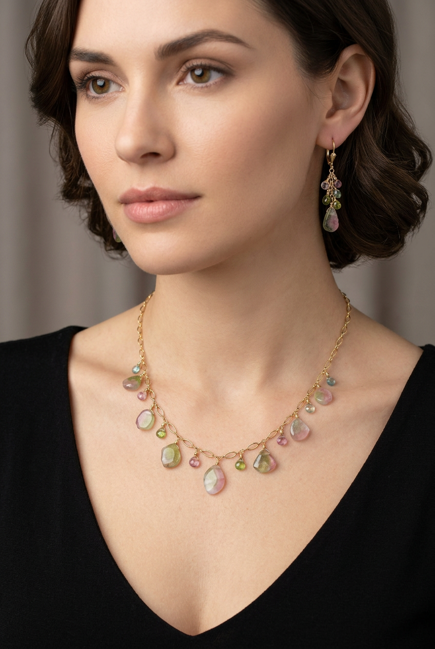 WATERMELON TOURMALINE SLICES w/ faceted briolette beads 14k Gold Filled Necklace Set