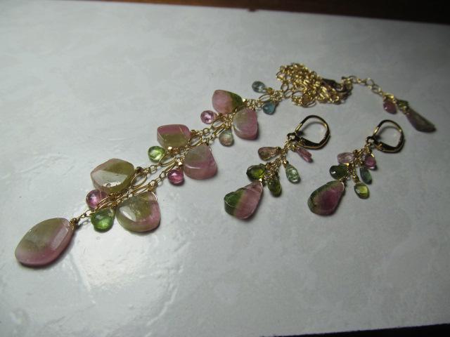 WATERMELON TOURMALINE SLICES w/ faceted briolette beads 14k Gold Filled Necklace Set