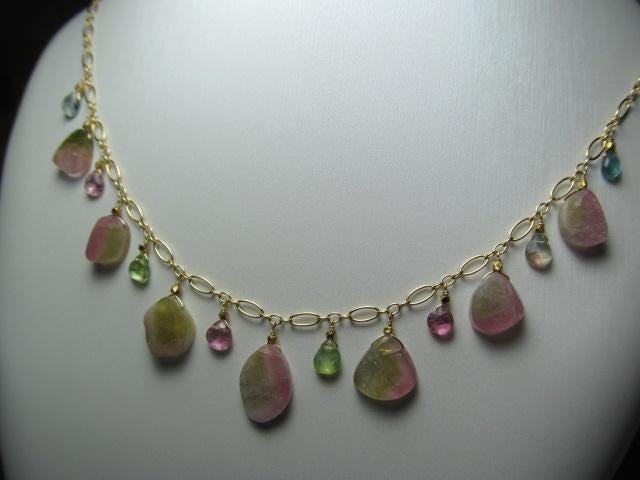 WATERMELON TOURMALINE SLICES w/ faceted briolette beads 14k Gold Filled Necklace Set