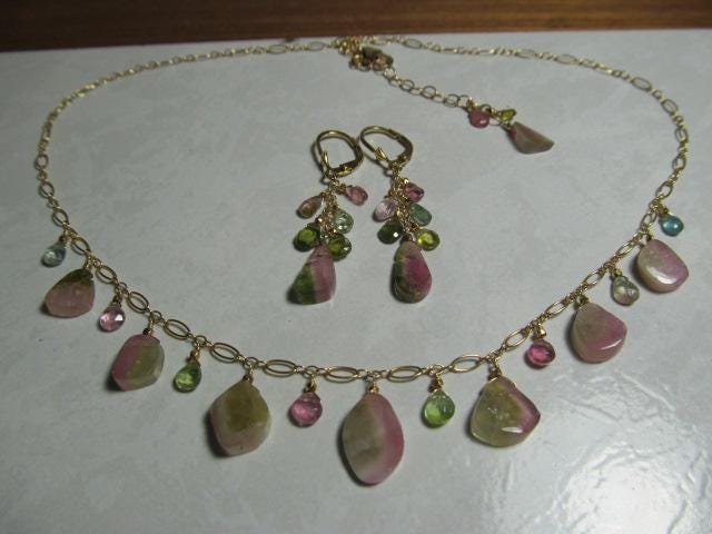 WATERMELON TOURMALINE SLICES w/ faceted briolette beads 14k Gold Filled Necklace Set